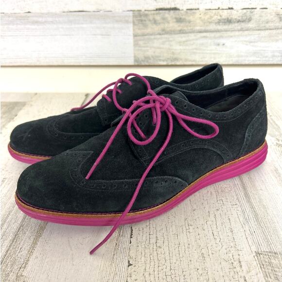 Cole Haan Women’s 10.5 LunarGrand Black Suede Wingtip Lace-Up Loafers Dress - Picture 1 of 7